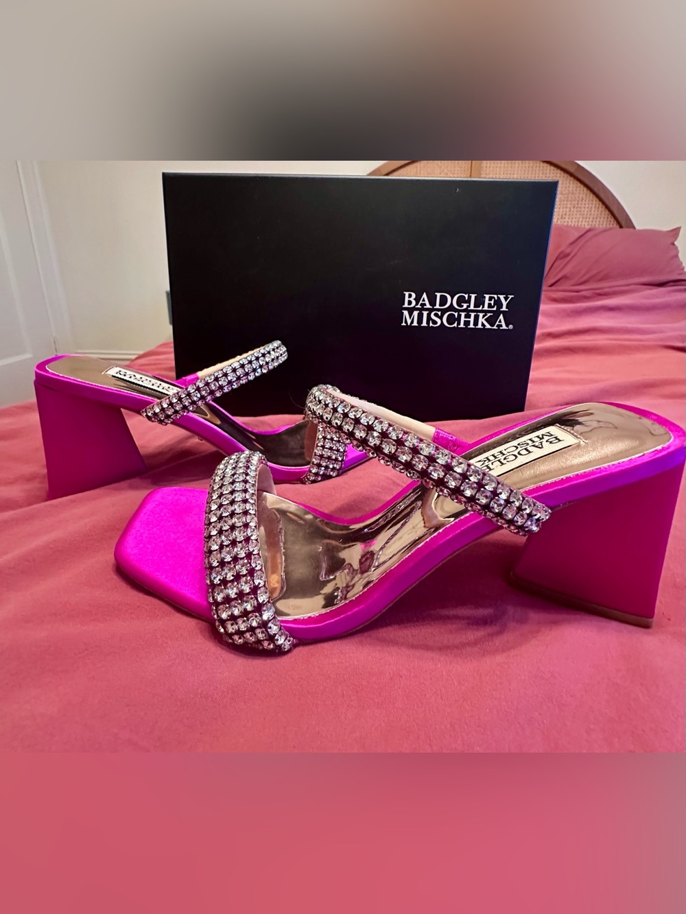 Badgley Mischka Hot Pink Satin Heels with Crystal Straps - size 36.5 / 6.5